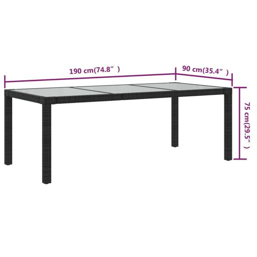 Fekete polyrattan és edzett üveg kerti asztal 190 x 90 x 75 cm