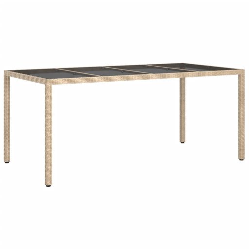 Bézs szürke polyrattan és edzett üveg kerti asztal 190x90x75 cm