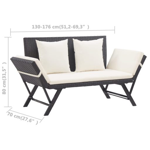 Fekete polyrattan kerti pad párnával 176 cm