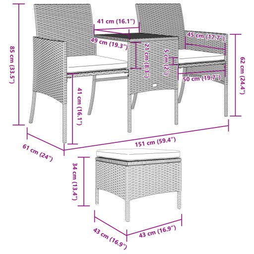 2 személyes barna polyrattan kerti kanapé asztallal/székkel