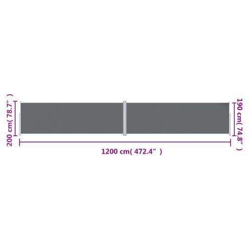 Antracitszürke behúzható oldalsó napellenző 200 x 1200 cm