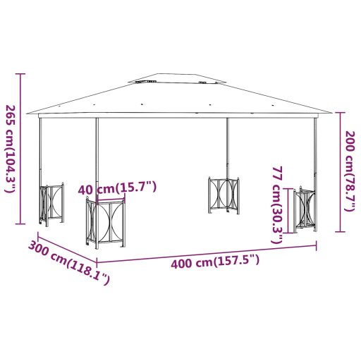Antracitszürke pavilon oldalfalakkal és dupla tetővel 3x4 m