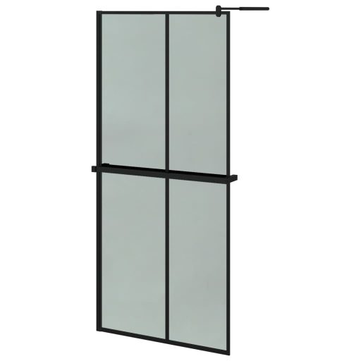 Fekete ESG üveg és alumínium zuhanyfal polccal 90 x 195 cm