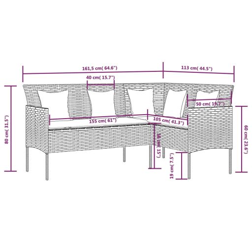 Barna polyrattan L-alakú kanapé párnával