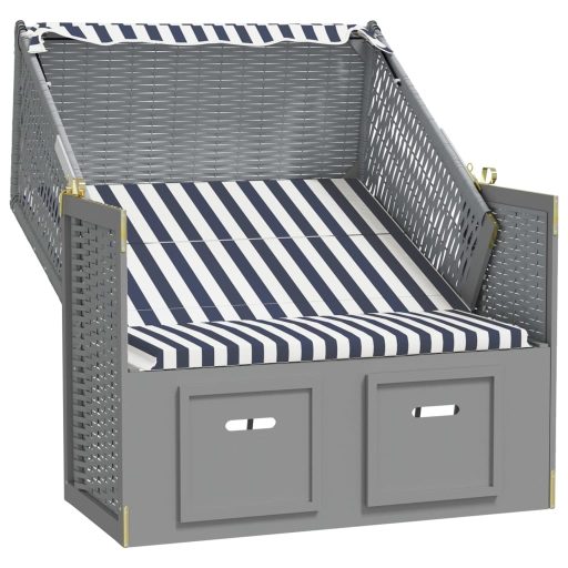 Kék és fehér polyrattan és tömör fa strandszék tetővel