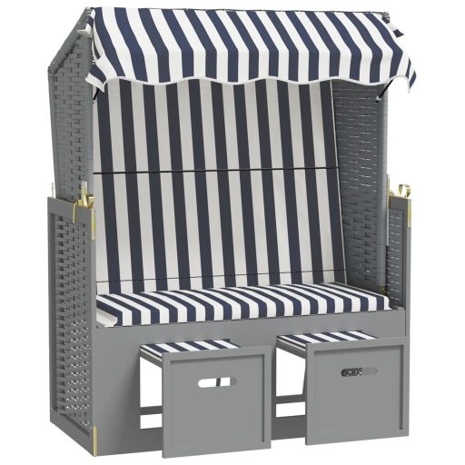 Kék és fehér polyrattan és tömör fa strandszék tetővel