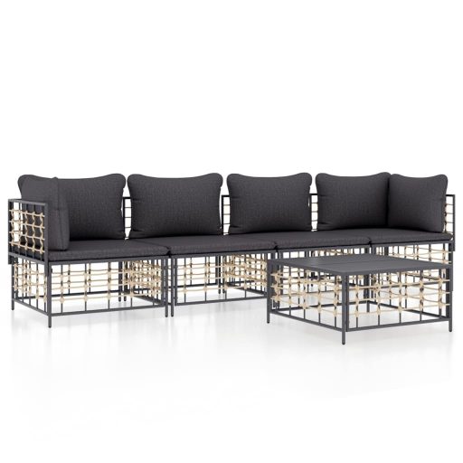 5 részes antracitszürke polyrattan kerti ülőgarnitúra párnákkal