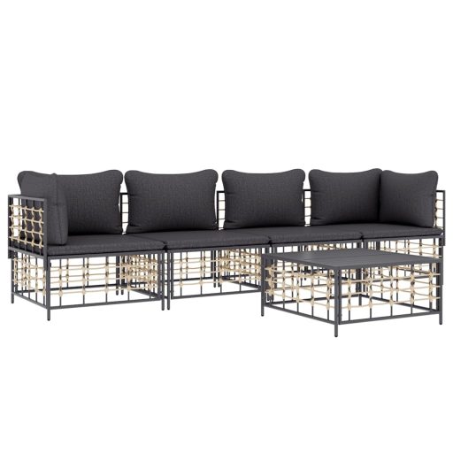 5 részes antracitszürke polyrattan kerti ülőgarnitúra párnákkal