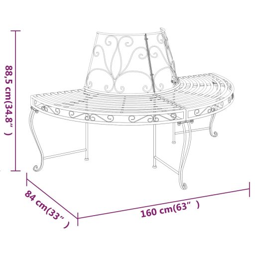 Fekete acél félkör alakú fa körüli pad Ø160 cm