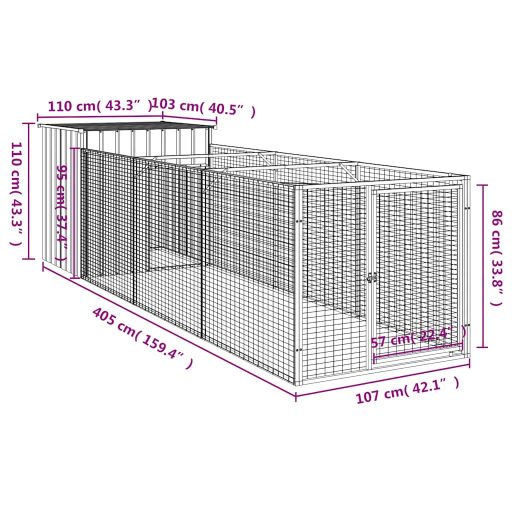 Antracit horganyzott acél kutyakennel kifutóval 110x405x110 cm