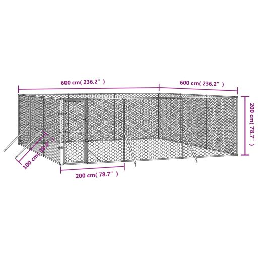 Ezüstszínű kültéri horganyzott acél kutyakennel 6x6x2 m