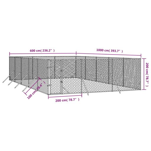 Ezüstszínű kültéri horganyzott acél kutyakennel 6 x 10 x 2 m