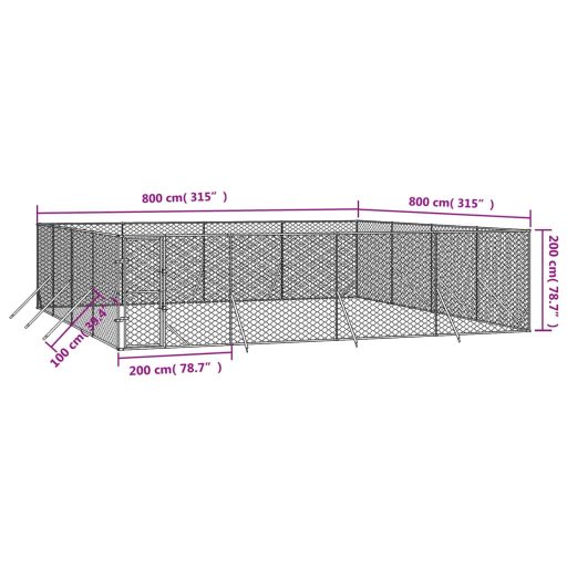 Ezüstszínű kültéri horganyzott acél kutyakennel 8x8x2 m
