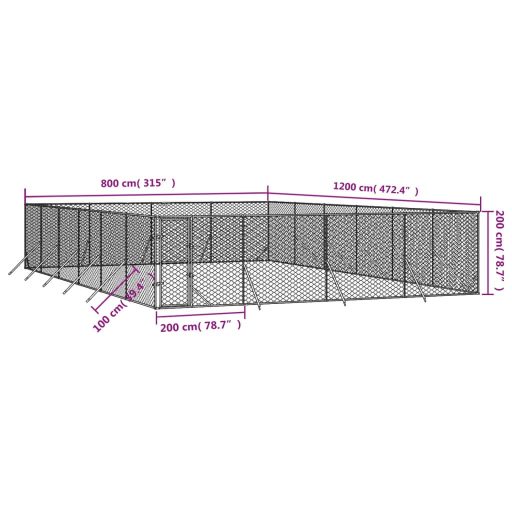 Ezüstszínű kültéri horganyzott acél kutyakennel 8 x 12 x 2 m