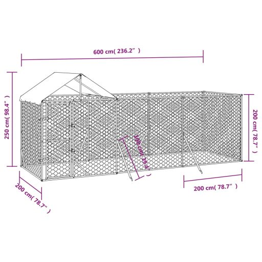Ezüstszínű horganyzott acél kutyakennel tetővel 6x2x2,5 m