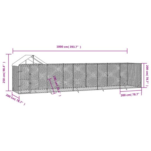 Ezüstszínű horganyzott acél kutyakennel tetővel 10x2x2,5 m