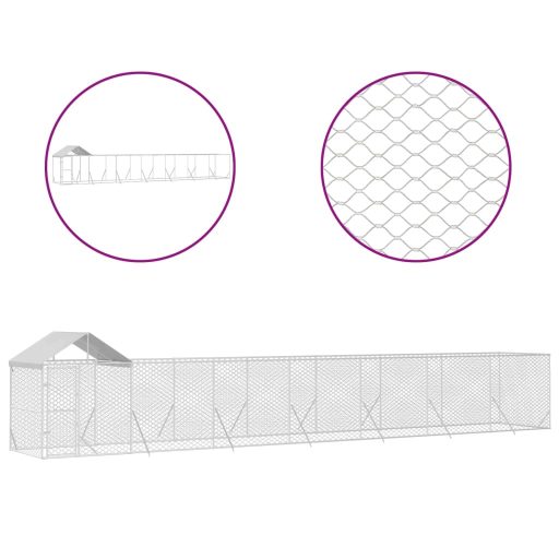 Ezüstszínű horganyzott acél kutyakennel tetővel 14x2x2,5 m