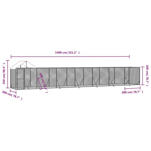Ezüstszínű horganyzott acél kutyakennel tetővel 14x2x2,5 m