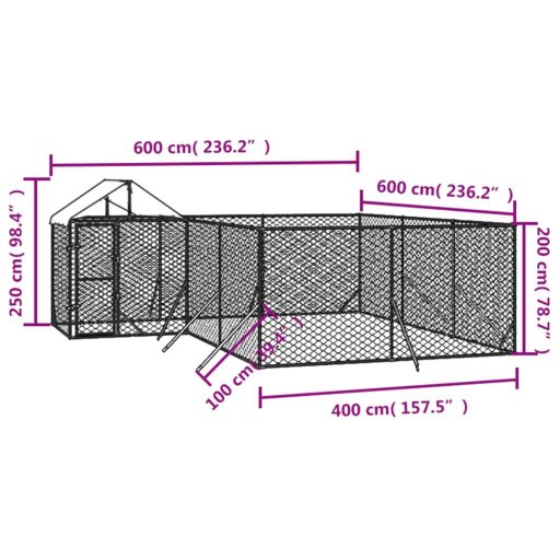 Ezüstszínű horganyzott acél kutyakennel tetővel 6x6x2,5 m