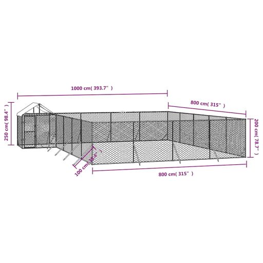 Ezüstszínű horganyzott acél kutyakennel tetővel 10x8x2,5 m
