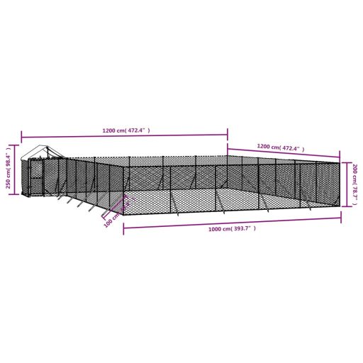 Ezüstszínű horganyzott acél kutyakennel tetővel 12x12x2,5 m