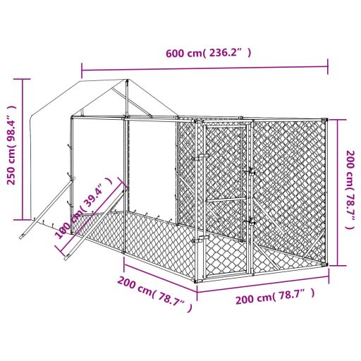 Ezüstszínű horganyzott acél kutyakennel tetővel 2x6x2,5 m
