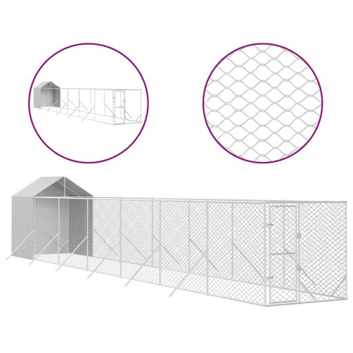 Ezüstszínű horganyzott acél kutyakennel tetővel 2x14x2,5 m