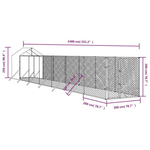 Ezüstszínű horganyzott acél kutyakennel tetővel 2x14x2,5 m