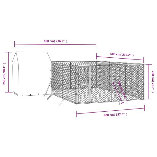 Ezüstszínű horganyzott acél kutyakennel tetővel 6x6x2,5 m