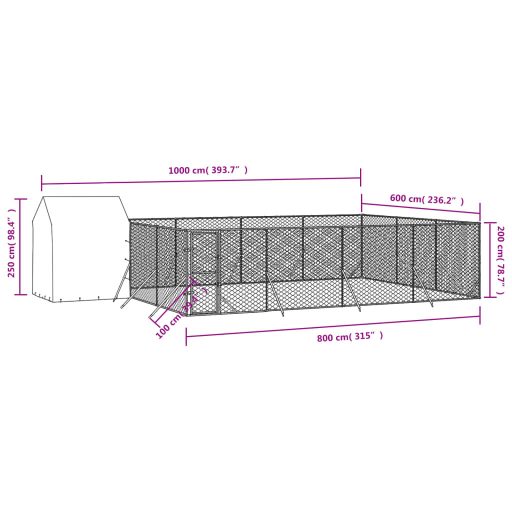 Ezüstszínű horganyzott acél kutyakennel tetővel 10x6x2,5 m