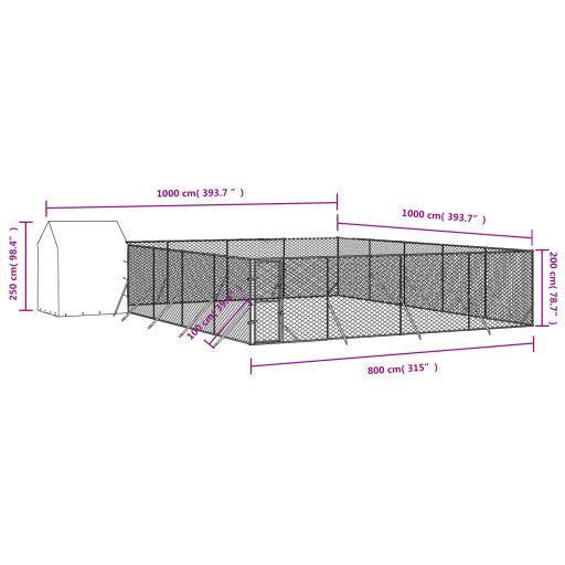 Ezüstszínű horganyzott acél kutyakennel tetővel 10x10x2,5 m