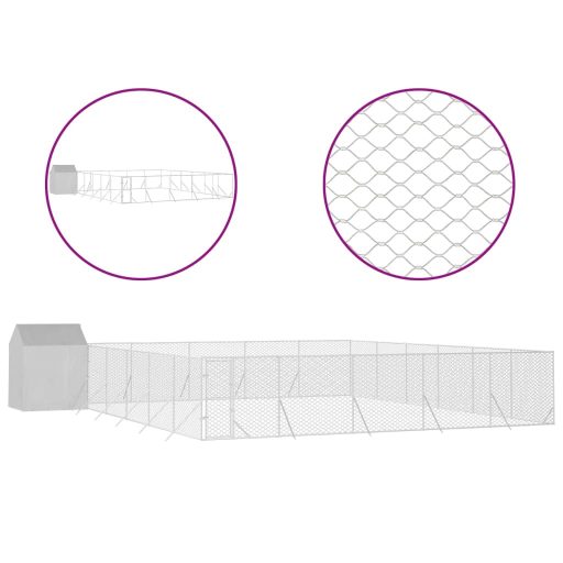 Ezüstszínű horganyzott acél kutyakennel tetővel 12x12x2,5 m