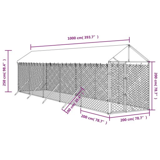 Ezüstszínű horganyzott acél kutyakennel tetővel 2x10x2,5 m