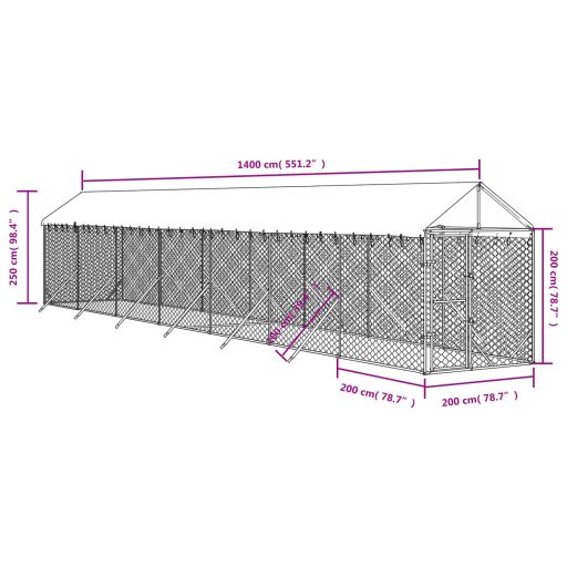Ezüstszínű horganyzott acél kutyakennel tetővel 2x14x2,5 m