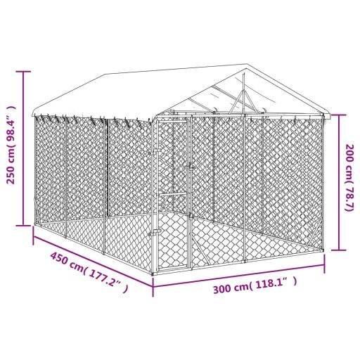 Ezüstszínű horganyzott acél kutyakennel tetővel 3x4,5x2,5 m