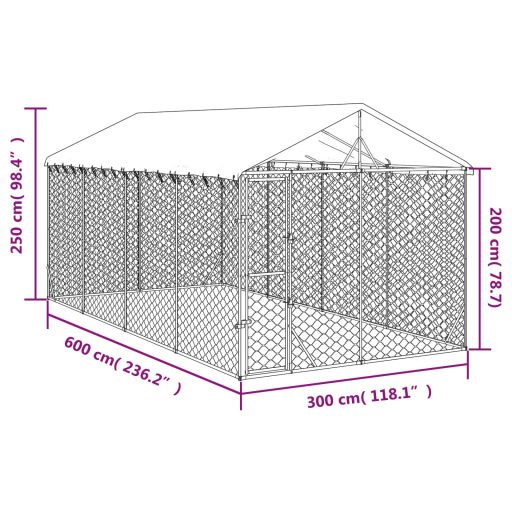 Ezüstszínű horganyzott acél kutyakennel tetővel 3x6x2,5 m