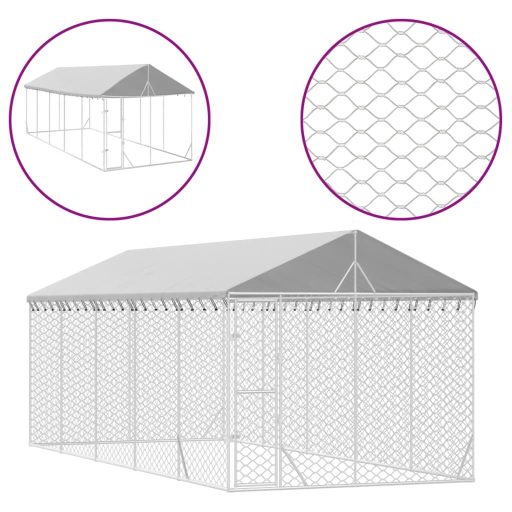 Ezüstszínű horganyzott acél kutyakennel tetővel 3x7,5x2,5 m