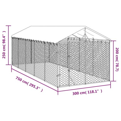 Ezüstszínű horganyzott acél kutyakennel tetővel 3x7,5x2,5 m