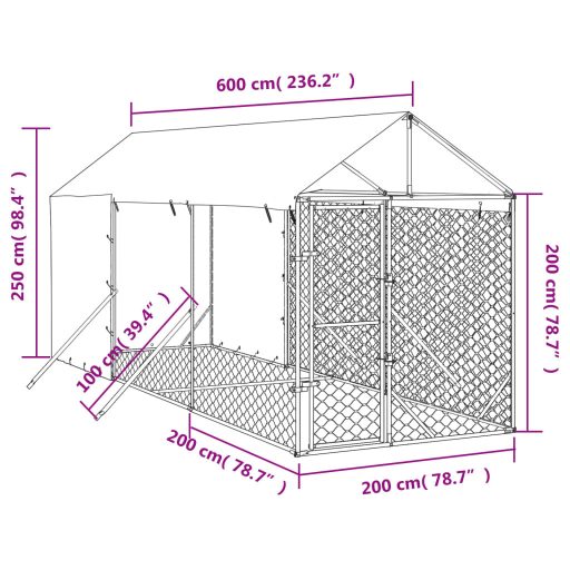 Ezüstszínű horganyzott acél kutyakennel tetővel 2x6x2,5 m