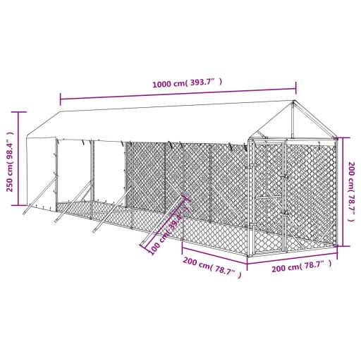 Ezüstszínű horganyzott acél kutyakennel tetővel 2x10x2,5 m