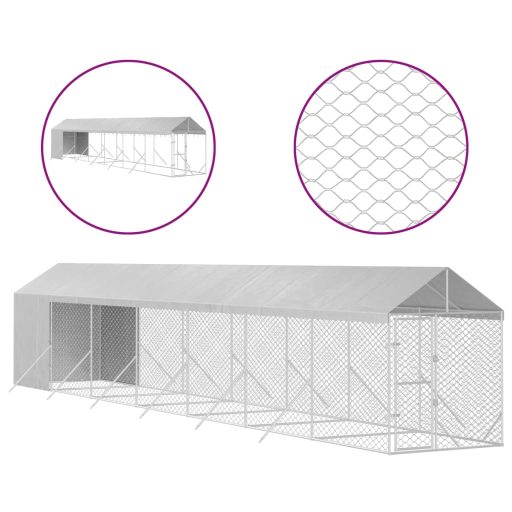 Ezüstszínű horganyzott acél kutyakennel tetővel 2x14x2,5 m