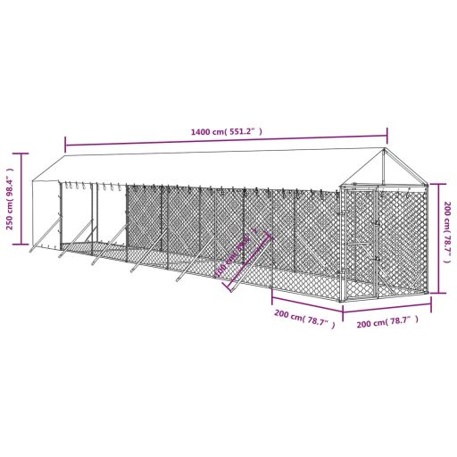 Ezüstszínű horganyzott acél kutyakennel tetővel 2x14x2,5 m