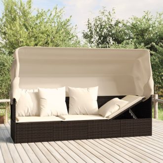   Barna polyrattan kültéri társalgókanapé tetővel és párnákkal