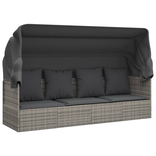 Szürke polyrattan kültéri társalgókanapé tetővel és párnákkal