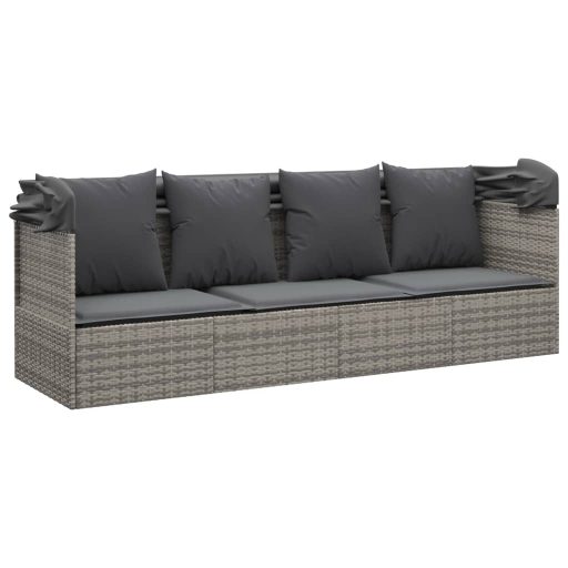 Szürke polyrattan kültéri társalgókanapé tetővel és párnákkal