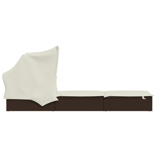 Barna polyrattan napozóágy összecsukható tetővel 213x63x97 cm
