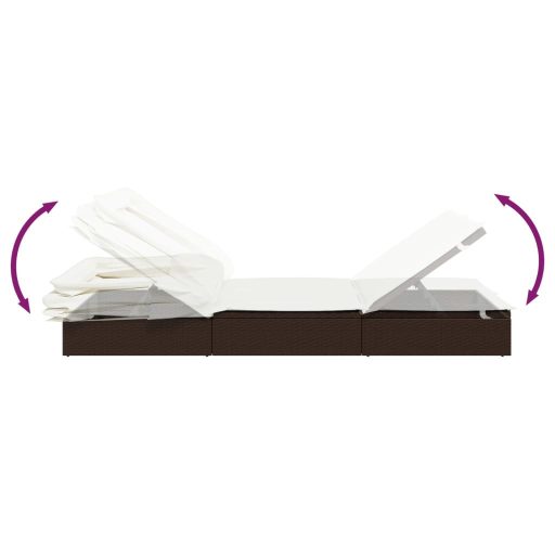 Barna polyrattan napozóágy összecsukható tetővel 213x63x97 cm