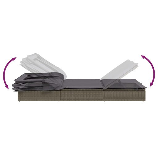 Szürke polyrattan napozóágy összecsukható tetővel 213x63x97 cm