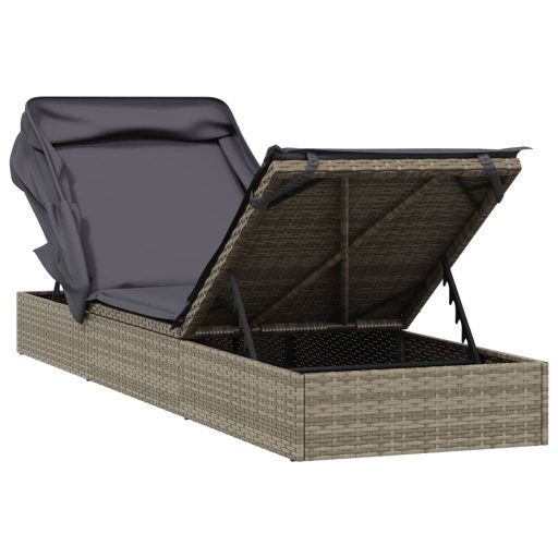Szürke polyrattan napozóágy összecsukható tetővel 213x63x97 cm