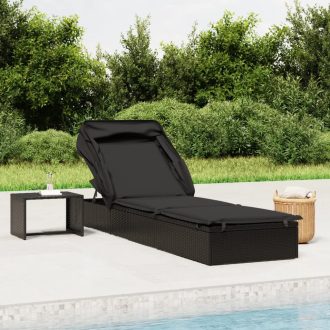   Fekete polyrattan napozóágy összecsukható tetővel 213x63x97 cm
